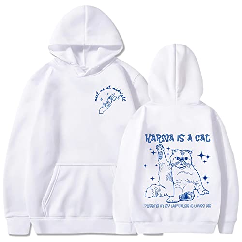 NARUNING Kapuzenpullover,Cartoon Album Hoodie,Meet Me at Midnight Karma is Cat Bedrucktes Sweatshirt,Harajuku Mode Lässig Lose Bequem Niedlich Singer Sweatshirt Pullover (XS-3XL) (White,S) von NARUNING