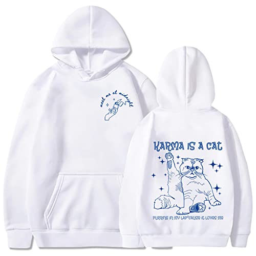 NARUNING Kapuzenpullover,Cartoon Album Hoodie,Meet Me at Midnight Karma is Cat Bedrucktes Sweatshirt,Harajuku Mode Lässig Lose Bequem Niedlich Singer Sweatshirt Pullover (XS-3XL) (White,XL) von NARUNING