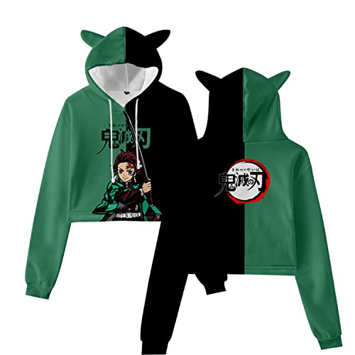 NARUNING Kapuzenpullover Demon Slayer Hoodie,3D Cartoon Charakter Langarm Kurzer Pullover,Männer und Frauen Tanzender Bauchnabel Undicht Lässige Mode Sweatshirt(XS-4XL) (Tanjirou,M) von NARUNING