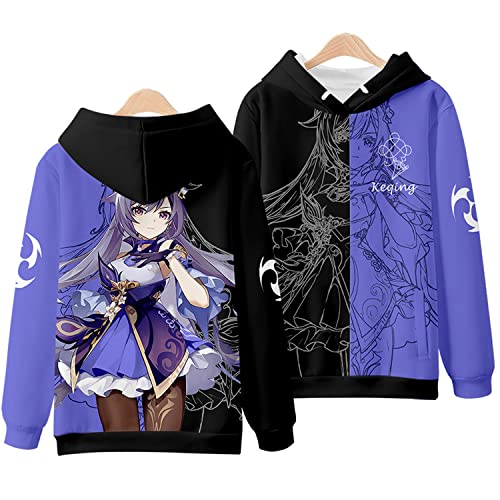 NARUNING Kapuzenpullover Genshin Impact Hoodie,Cartoon Spiel Charakter Klee Paimon Keqing Qiqi Hutao 3D gedruckt Langarm Pullover, Unisex Casual Fashion Sweatshirt (S-4XL) (Keqing-2,S) von NARUNING