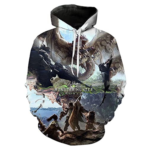 NARUNING Monster Hunter World Hoodie, Cartoon Monster 3D Druck Langarm Pullover, Unisex Casual Fashion Sweatshirt (XS-4XL) (Brown,3XL) von NARUNING