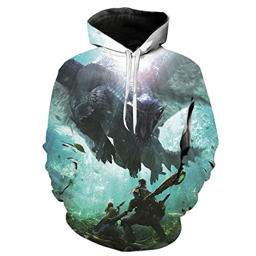 NARUNING Monster Hunter World Hoodie, Cartoon Monster 3D Druck Langarm Pullover, Unisex Casual Fashion Sweatshirt (XS-4XL) (Green,M) von NARUNING