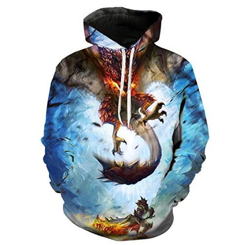 NARUNING Monster Hunter World Hoodie, Cartoon Monster 3D Druck Langarm Pullover, Unisex Casual Fashion Sweatshirt (XS-4XL) (Orange,L) von NARUNING