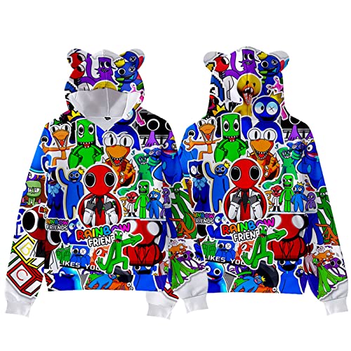 NARUNING Regenbogen Freunde Kapuzen-Sweatshirt, 3D Cartoon Print Langarm Katzenohren Pullover, Kinder Studenten lässige Mode Sweatshirt (100cm-170cm) (Blue,140) von NARUNING