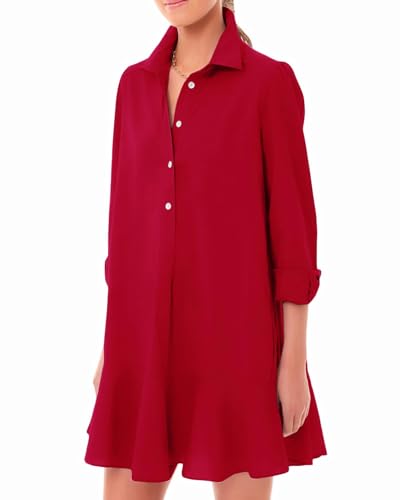 NARUPE Damen Tunika Shirt Minikleid Button Up Langarm Kleid Rüschen Flowy Casual Shift Kleider, rot, 48 von NARUPE