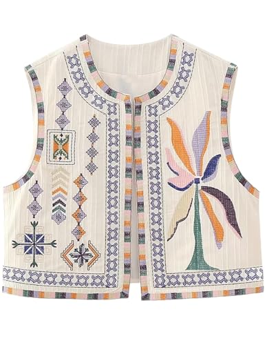 NARUPE Vintage Floral Embroidered Vest Women's Floral Embroidered Vest Boho Cardigan Open Front Cropped Waistcoat, weiß, 36 von NARUPE