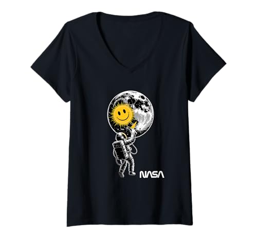Damen NASA Astronaut Mond Graffiti Smile Worm Logo T-Shirt mit V-Ausschnitt von NASA Astronaut Mond Smile