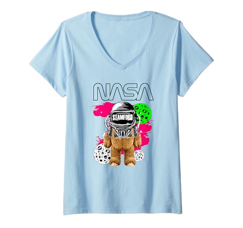 Damen NASA Teddybär Astronaut Stamford Lustig Worm Logo T-Shirt mit V-Ausschnitt von NASA Astronaut Teddybär Stamford Schwarz
