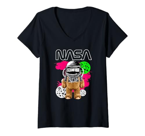 Damen NASA Teddybär Astronaut Stamford Lustig Worm Logo T-Shirt mit V-Ausschnitt von NASA Astronaut Teddybär Stamford