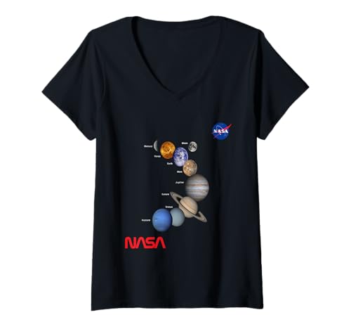 Damen NASA Sonnensystem Planeten Worm Insignia Logo T-Shirt mit V-Ausschnitt von NASA Planeten Sonnensystem