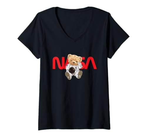 Damen NASA Teddybär Salutiert Cool Worm Logo T-Shirt mit V-Ausschnitt Damen NASA Teddybär Salutiert Cool Worm Logo T-Shirt mit V-Ausschnitt von NASA Salutiert Teddybär