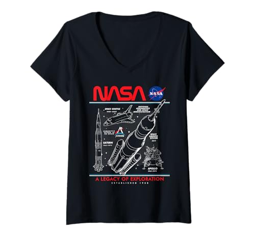 Damen NASA Space Shuttle SLS Saturn V Apollo Lunar Schematic T-Shirt mit V-Ausschnitt Damen NASA Space Shuttle SLS Saturn V Apollo Lunar Schematic T-Shirt mit V-Ausschnitt von NASA Space Schematic Artemis Mission Weiß