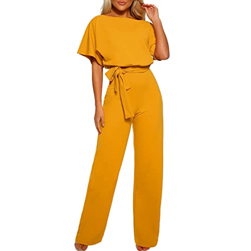 Damen Sommer Lose Casual Tie Rundhals Jumpsuit Solid Kurzarm Overall Frauen Strampler und Jumpsuits für Sommer, gelb, 36 von NASC