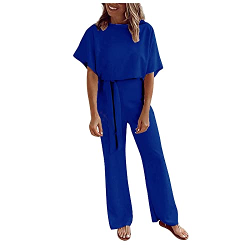 Damen Sommer Lose Casual Tie Rundhals Jumpsuit Solid Kurzarm Overall Weites Bein Strampler und Jumpsuits für Frauen, blau, 50 von NASC