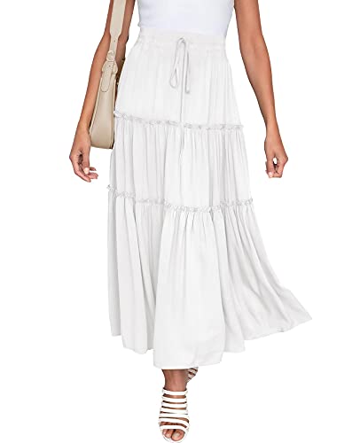 NASHALYLY Damen Chiffon Elastisch Hohe Taille Plissee A-Linie Ausgestellt Maxi Röcke, Weiß, Mittel von NASHALYLY