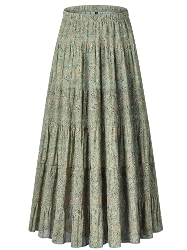 NASHALYLY Damen Chiffon Elastische Hohe Taille Plissee A-Linie Ausgestellt Maxi Röcke, Grünes Blumenmuster, B, X-Groß von NASHALYLY