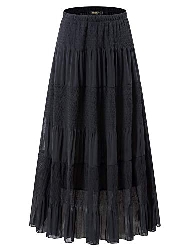 NASHALYLY Damen Chiffon Elastische Hohe Taille Plissee A-Linie Ausgestellt Maxi Röcke, Schwarz, Klein von NASHALYLY
