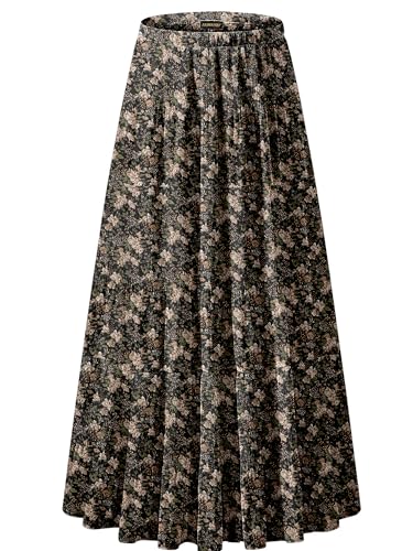 NASHALYLY Damen Chiffon Elastische Hohe Taille Plissee A-Linie Ausgestellt Maxi Röcke, Schwarzer Kaffee-Blumenmuster, Klein von NASHALYLY
