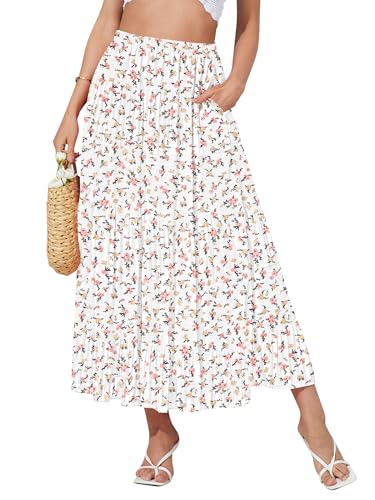 NASHALYLY Damen Maxirock mit hoher Taille, elastischer Chiffon, Boho, Langer Rock mit Taschen, Weiß glänzendes Blumenmuster, Groß von NASHALYLY