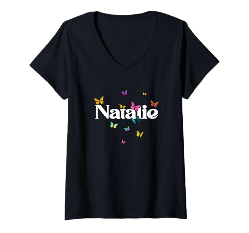Damen Natalie - Schöner Mädchen Name mit bunten Schmetterlingen T-Shirt mit V-Ausschnitt Damen Natalie - Schöner Mädchen Name mit bunten Schmetterlingen T-Shirt mit V-Ausschnitt von NATALIE Tochter Enkel Geburtstag Geschenkideen
