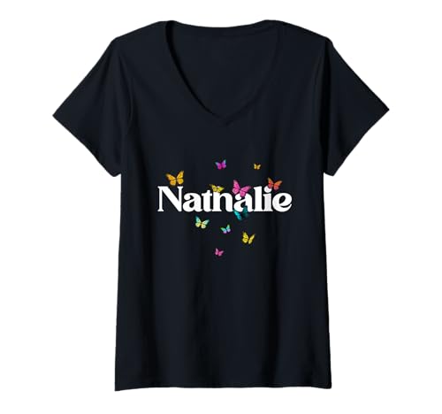 Damen Nathalie - Schöner Mädchen Name mit bunten Schmetterlingen T-Shirt mit V-Ausschnitt Damen Nathalie - Schöner Mädchen Name mit bunten Schmetterlingen T-Shirt mit V-Ausschnitt von NATHALIE Tochter Enkel Geburtstag Geschenkideen