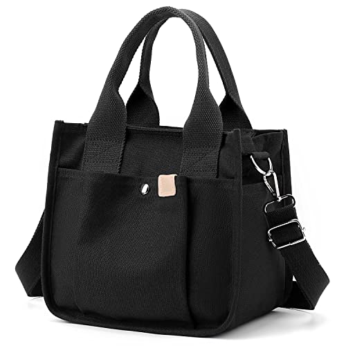 NATINSA Kleine Canvas-Tragetasche mit Taschen für Damen, niedliche Mini-Umhängetaschen, lässige Umhängetasche, Hobo Messenger Handtasche, Schwarz von NATINSA
