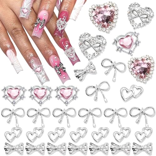 NATOSU 32PCS Bogen Nagel Charms 3D Silber Herz Form Nail Art Charm mit rosa Strass Y2K Nagel Edelsteine Glänzender Nagelschmuck Acryl Zubehör für Frauen von NATOSU