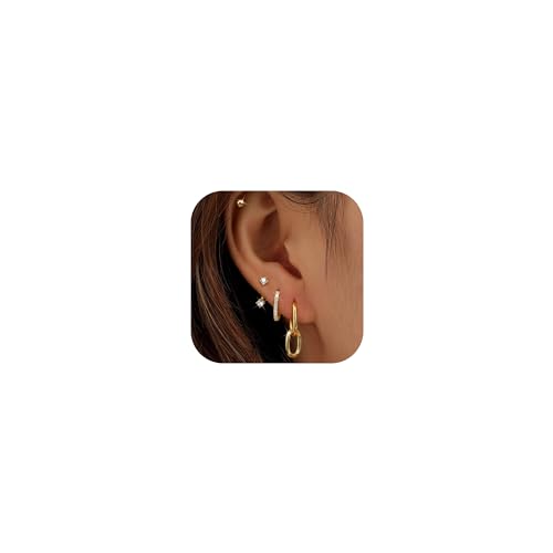 NATOSU 4 Stück Ohrringe set gold für Damen 14 Karat Vergoldet Kleine Ohrstecker Silber Stapelbar Zirkonia Ohrstecker Creolen Ohrringe Set für Mehrere Piercings von NATOSU