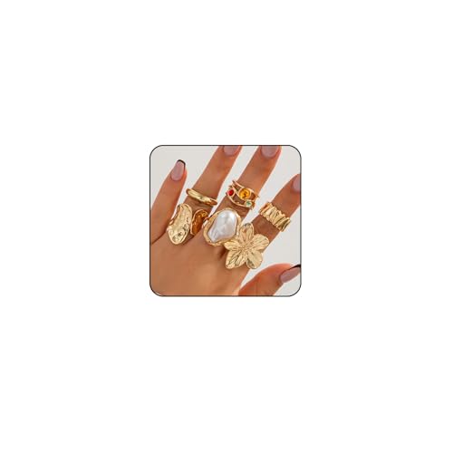 NATOSU 6 Stück Goldene Ringe Set, wasserfest, ideal für Damen, mit Blumen, Perlen und Kristallen,Einfache Modebewusste stapelbare Fingerringe Pack für jeden Anlass von NATOSU