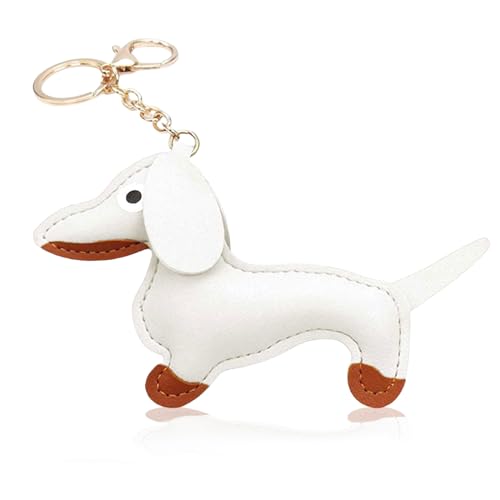 NATOSU Hund Dackel Schlüsselanhänger aus Leder, Glücksbringer Sausage Dog Keychain Geschenke für Lieblingsmensch Frauen Männer Kinder Geburtstag Weihnachten Schlüsselring,Weiß von NATOSU