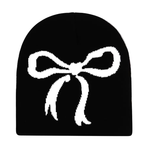NATOSU Y2K Beanie Mütze Damen Teenager Winter Strick Skater Beanie Mütze Schleife Strickmütze Baumwolle Warme Wintermütze Hip Hop Goth Fashion,Schwarz von NATOSU