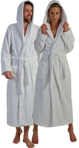 NATURA WALK – Langer Bademantel für Damen & Herren aus 100% Bio-Baumwolle – Mit Kapuze, Taschen & Gürtel – Wadenlang | L bis 4XL | Farbe weiss 125 cm, Grösse 4XL von NATURA WALK