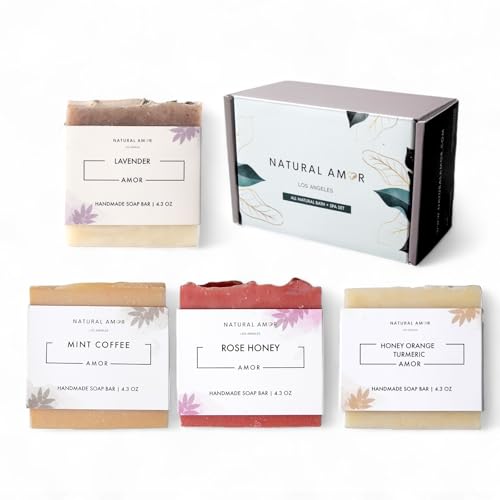 Natural Amor- Handmade Soap Bar Gift Set 4-Pack, All Natural Organic Bar Soaps (Rose, Lavender, Coffee, Orange), Essential Oils Scented Soap Bar, Handmade Gift Set for Women & Men – 4.3oz Each von NATURAL AMOR LOS ANGELES