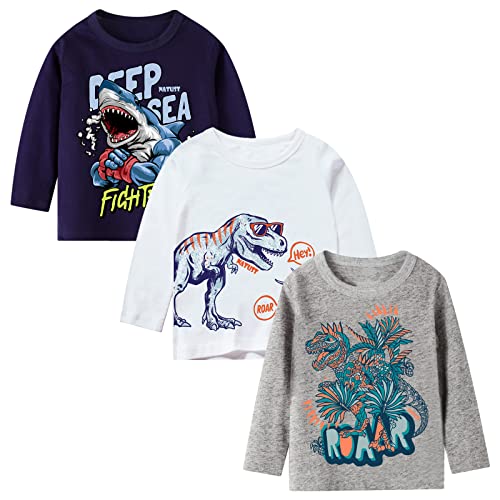 NATUST 3er Pack Jungen Langarmshirt Kinder Baumwolle Rundhals T-Shirt Dinosaurier Hai DE: 104 (Herstellergröße 110) von NATUST