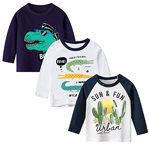 NATUST 3er Pack Jungen Langarmshirt Kinder Baumwolle Rundhals T-Shirt Dinosaurier Hai Kaktus DE: 98 (Herstellergröße 100) von NATUST