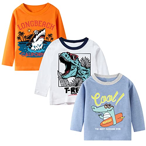 NATUST 3er Pack Jungen Langarmshirt Kinder Baumwolle Rundhals T-Shirt Krokodil Dinosaurier DE: 98 (Herstellergröße 100) von NATUST