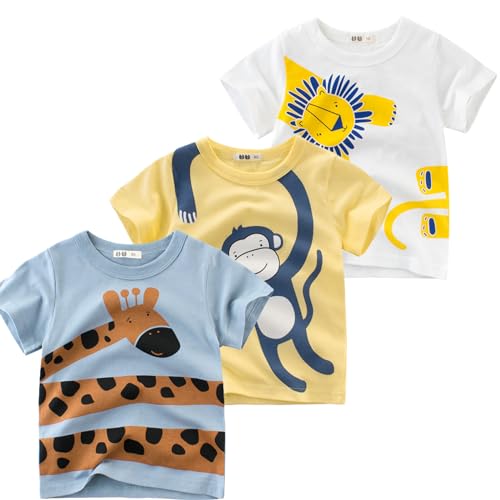 NATUST 3er Pack Jungen T-Shirt Kleinkind Kurzarm Baumwolle Giraffe AFFE Löwe Drucken Sommer Tops DE: 116-122(Herstellergröße 120) von NATUST