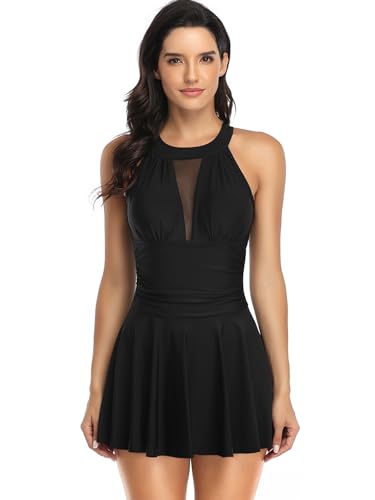 NATUST Damen Zwei Stücke Tankini Badeanzug mit Shorts Bauchweg Beachwear Neckholde Bademode Schwarz M von NATUST