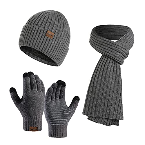 NATUST Herren Thermo Mütze Schal Handschuhe Set Damen Strick Mütze Winterschal Touchscreen Handschuhe Set Grau von NATUST