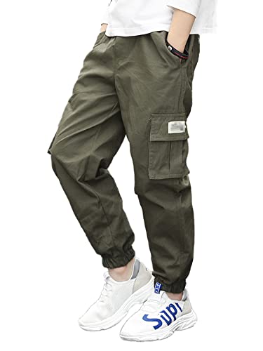 NATUST Jungen Cargohose Kinder Freizeithose Jogginghose Jungs Cargo Hose mit Elastischem Bund Armeegrün 128-134 von NATUST