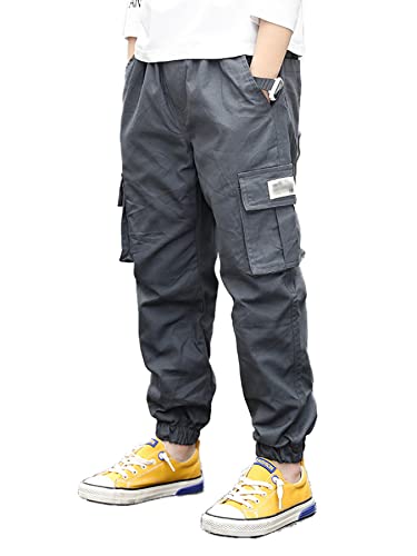 NATUST Jungen Cargohose Kinder Freizeithose Jogginghose Jungs Cargo Hose mit Elastischem Bund Grau 146-152 von NATUST