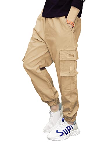 NATUST Jungen Cargohose Kinder Freizeithose Jogginghose Jungs Cargo Hose mit Elastischem Bund Khaki 146-152 von NATUST