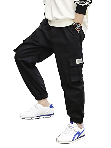 NATUST Jungen Cargohose Kinder Freizeithose Jogginghose Jungs Cargo Hose mit Elastischem Bund Schwarz 128-134 von NATUST