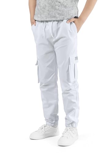 NATUST Jungen Cargohose Kinder Freizeithose Jogginghose Jungs Cargo Hose mit Elastischem Bund Weiß 128-134 (Herstellergröße: 130) von NATUST