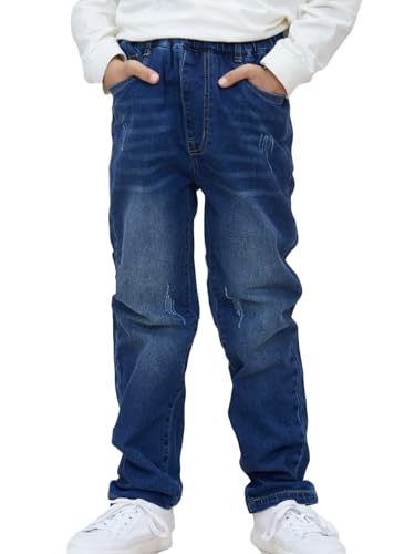 NATUST Jungen Jeans mit Elastischem Bund Kinder Hose mit Abschürfungen Jeanshosen Straight Denim Dunkelblau 140-146（Herstellergröße: 140 von NATUST