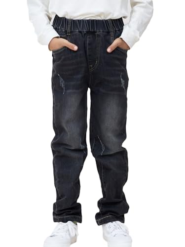 NATUST Jungen Jeans mit Elastischem Bund Kinder Hose mit Abschürfungen Jeanshosen Straight Denim Schwarz 170-176（Herstellergröße: 180 von NATUST