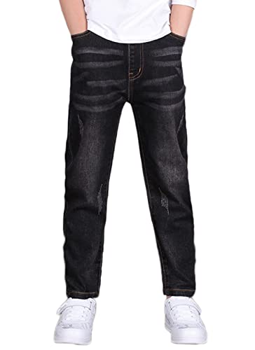 NATUST Jungen Jeans mit Elastischem Bund Kinder Hose mit Abschürfungen Jeanshosen Straight Stretch Denim Schwarz 164-170（Herstellergröße: 170 von NATUST