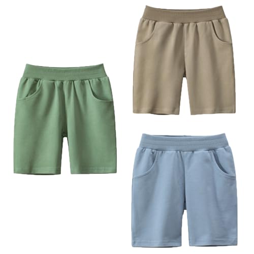 NATUST Jungen Sommer Shorts Kinder Baumwolle Hose Kurze Jogginghose, 3er-Pack Blau/Grün/Khaki DE: 104(Herstellergröße 100) von NATUST