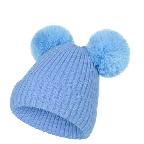NATUST Kind Wintermütze Mädchen Kunstfell Bommelmütze Warme Strickmütze mit Zwei Bommeln Blau von NATUST
