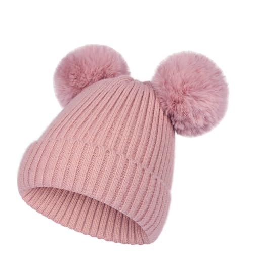 NATUST Kind Wintermütze Mädchen Kunstfell Bommelmütze Warme Strickmütze mit Zwei Bommeln Rosa von NATUST